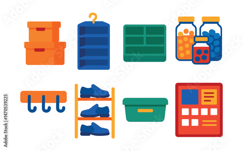 Flat vector icons of home organization: storage boxes, hanging closet organizer, drawer dividers, labeled pantry jars, hooks on wall, shoe rack, underbed storage, command center board.
