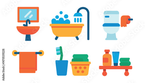Flat vector icons of bathroom items: sink with mirror, bathtub with bubbles, showerhead, toilet with paper, towel rack, toothbrush in cup, laundry basket, bathroom shelf.