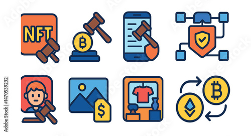 Flat vector icons of digital auctions: NFT token with gavel, crypto bidding wallet, smart contract screen, blockchain proof of sale, collectible avatar bidding icon, digital asset with price tag,