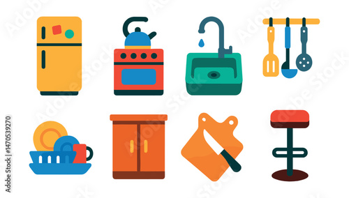 Flat vector icons of kitchen setup: fridge with magnets, stove with kettle, kitchen sink, hanging utensils, dish rack, kitchen cabinet, cutting board with knife, bar stool.
