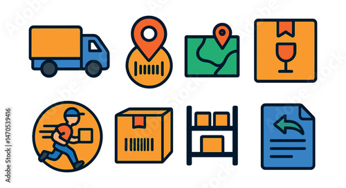Flat vector icons of delivery and shipping: delivery truck, tracking number icon, map with route pin, package with fragile sticker, express courier badge, box with barcode, warehouse shelf, return