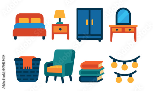 Flat vector icons of bedroom design: bed with pillows, nightstand with lamp, wardrobe with sliding doors, vanity with mirror, blanket basket, reading corner chair, bedside book stack, ambient