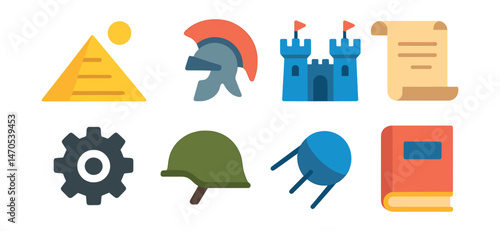 Flat vector icons of historical periods: ancient pyramid with sun, Roman helmet, medieval castle, renaissance scroll, industrial gear symbol, WWII helmet, cold war satellite, modern history book.