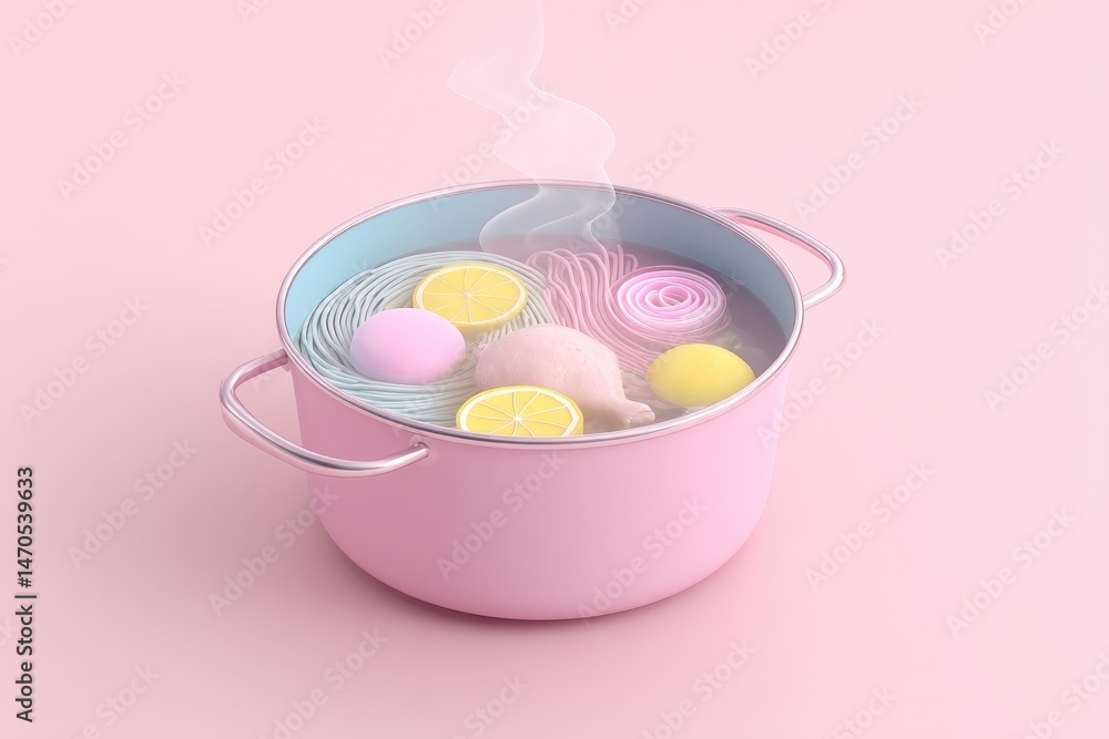 Pastel Soup Bowl Noodles with Lemon, and Pink Food. Pastel Soup Bowl Noodles with Lemon, and Pink Food.