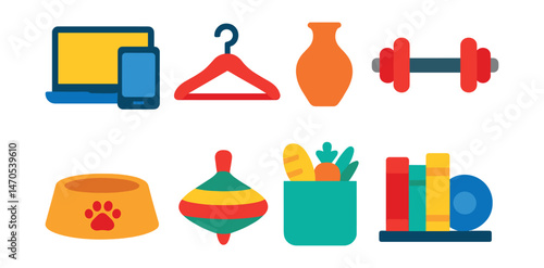 Flat vector icons of product categories: electronics icon, fashion hanger, home decor vase, fitness gear, pet supplies bowl, toys icon, groceries bag, books and media shelf.