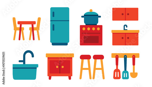 Flat vector icons of kitchen and dining: dining table with chairs, refrigerator, stove with pot, kitchen cabinets, sink with faucet, kitchen island, bar stools, utensils rack.