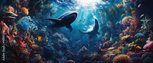Vibrant underwater scene of sharks and coral.