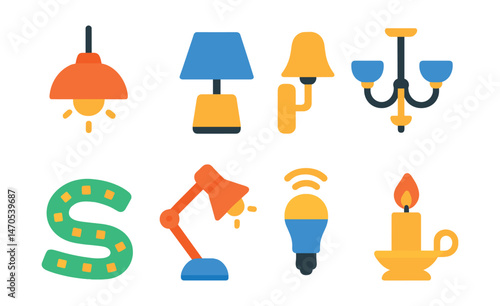 Flat vector icons of home lighting: pendant light, table lamp, wall sconce, chandelier, LED strip, desk light, smart bulb, candle holder.