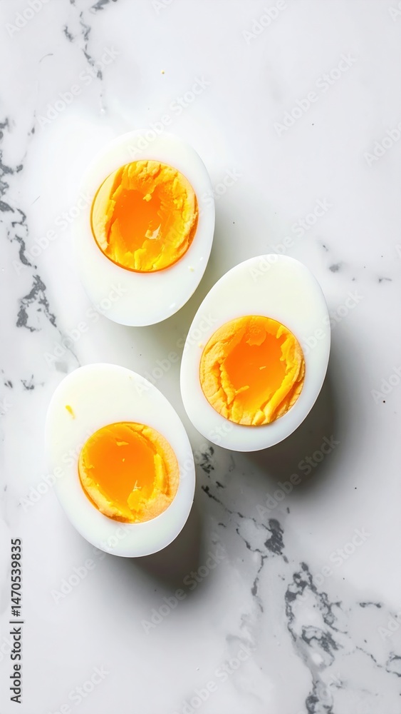 Three perfectly cooked hard-boiled eggs on marble surface Three perfectly cooked hard-boiled eggs on marble surface