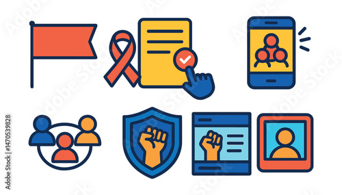 Flat vector icons of social campaigns: campaign banner, awareness ribbon, petition icon, viral challenge, social share chain, community badge, activist post, profile frame.