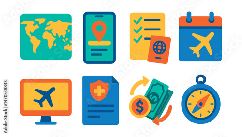 Flat vector icons of travel planning: world map, travel app on phone, checklist with passport icon, calendar with departure date, booking confirmation page, travel insurance document, money exchange,