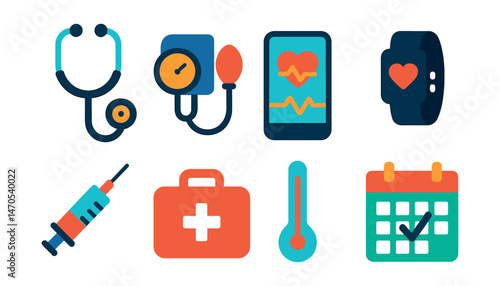 Flat vector icons of physical health care: stethoscope, blood pressure cuff, heart monitor app, fitness tracker, vaccine syringe, first aid kit, thermometer, health check calendar.