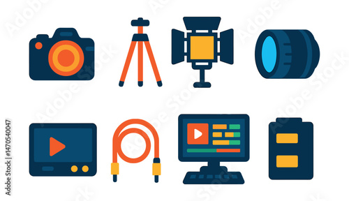 Flat vector icons of media equipment: DSLR camera, tripod, lighting panel, lens, video monitor, cable, editing station, battery pack.
