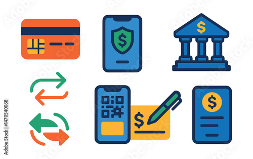 Flat vector icons of banking services: credit card with chip, ATM machine, online banking app, bank building, transfer arrows, mobile payment QR, check deposit form, account balance screen.