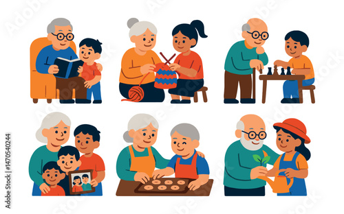 Flat vector icons of grandparents and grandchildren: storytelling, knitting together, walking cane, playing chess, family photo, baking cookies, hugging, garden time.