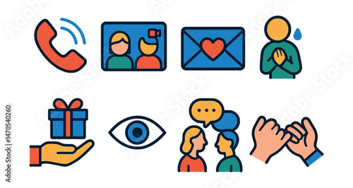 Flat vector icons of communication in relationships: phone call, video chat, love message, apology, gift exchange, eye contact, open conversation, promise icon.