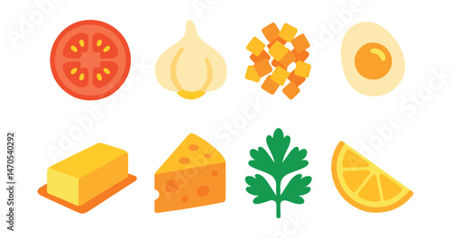 Flat vector icons of ingredients: tomato slice, garlic clove, chopped onion, raw egg, butter stick, block of cheese, bunch of parsley, lemon wedge.