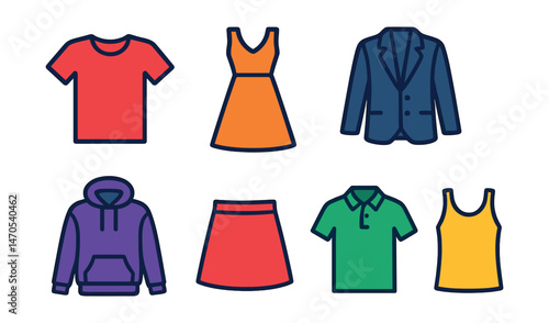 Flat vector icons of clothing essentials: T-shirt, jeans, dress, blazer, hoodie, skirt, polo shirt, tank top.