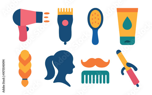 Flat vector icons of hairstyles and grooming: hair dryer, hair clipper, hairbrush, styling gel, braid icon, ponytail silhouette, mustache comb, curling iron.