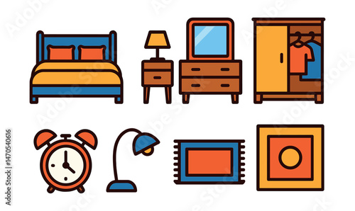 Flat vector icons of bedroom decor: double bed with pillows, nightstand with lamp, dresser with mirror, wardrobe with clothes, alarm clock, reading light, rug near bed, decorative wall frame.