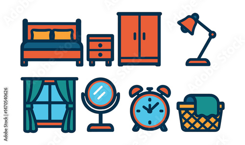 Flat vector icons of bedroom interior: bed with pillows, bedside table, wardrobe, reading lamp, curtain on window, vanity mirror, alarm clock, blanket basket.