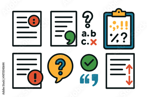 Flat vector icons of punctuation tests and feedback: exam sheet with red colon, graded essay with green comma, quiz with missing punctuation, scoring rubric with punctuation symbols, review paper