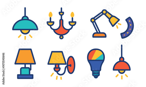 Flat vector icons of lighting fixtures: ceiling lamp, chandelier, desk lamp, LED strip lights, nightstand lamp, wall sconce, smart bulb, pendant light.