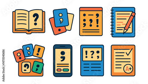 Flat vector icons of punctuation learning materials: open grammar textbook, punctuation flashcards, punctuation poster with symbols, student notebook with red edits, sticker set with symbols,