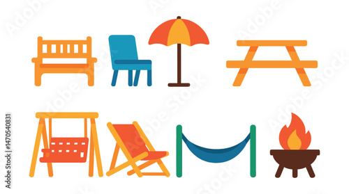 Flat vector icons of outdoor furniture: garden bench, patio chair, sun umbrella, picnic table, outdoor swing, deck chair, hammock, fire pit.