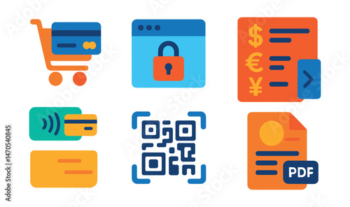 Flat vector icons of checkout and payment: shopping cart with credit card, secure checkout lock, billing address form, currency selection menu, contactless payment, QR code scanner, order