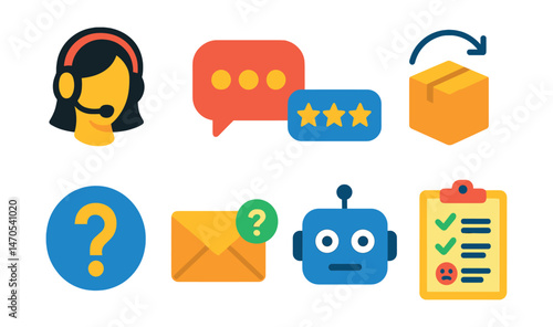 Flat vector icons of customer service: support headset, live chat bubble, customer review stars, return box, help center icon, email inquiry, chatbot face, satisfaction survey.