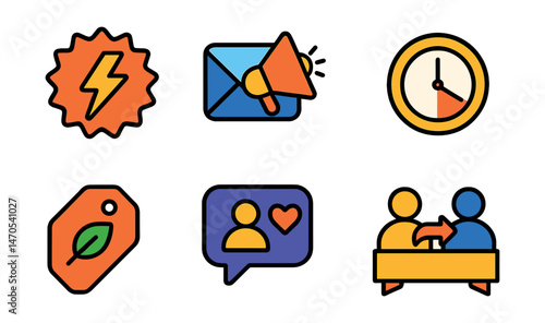 Flat vector icons of e-commerce marketing: flash sale badge, email promo, limited time countdown, loyalty points icon, seasonal offer tag, influencer promotion bubble, referral reward, shopping event