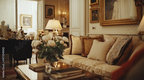 Luxurious interior living room with rich decor and soft lighting.