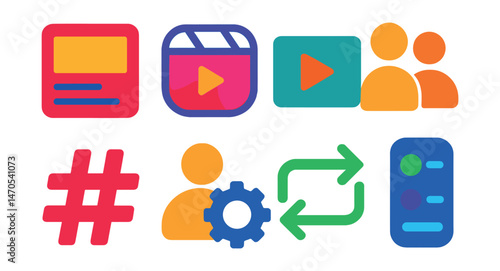Flat vector icons of social media platforms: feed post, reels icon, video clip, followers count, trending tag, profile settings, repost icon, poll feature.