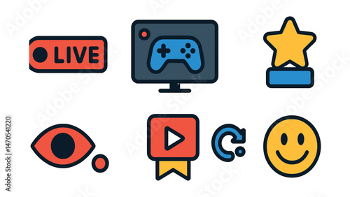 Flat vector icons of game streaming: live icon, stream overlay, chat box, donation star, viewer count, subscriber badge, stream delay, reaction emoji.