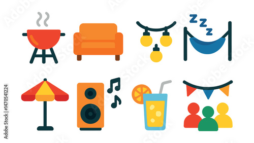 Flat vector icons of backyard fun: barbecue grill, outdoor sofa, garden lights, hammock nap, patio umbrella, music speaker, lemonade glass, backyard party.