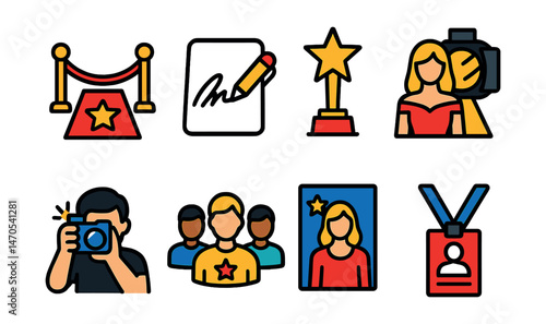 Flat vector icons of celebrity culture: red carpet, autograph, award trophy, fashion spotlight, paparazzi, fan club, magazine cover, VIP badge.