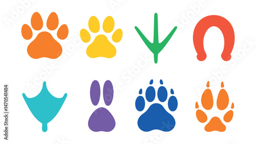 Flat vector icons of animal footprints: dog paw, cat paw, bird track, horse hoof, duck footprint, rabbit print, bear track, fox print.