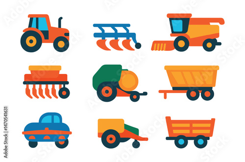 Flat vector icons of farming vehicles: tractor, plow machine, seed drill, harvester, baler, grain trailer, irrigation sprayer, farm cart.