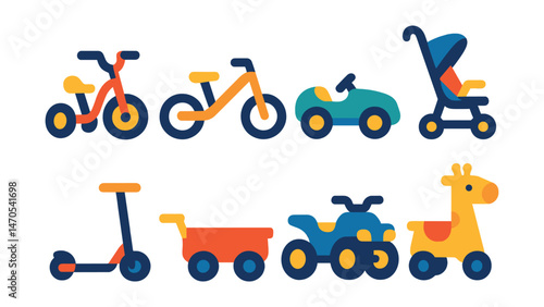 Flat vector icons of children’s vehicles: tricycle, balance bike, pedal car, stroller, kids scooter, toy wagon, mini quad, ride-on animal.