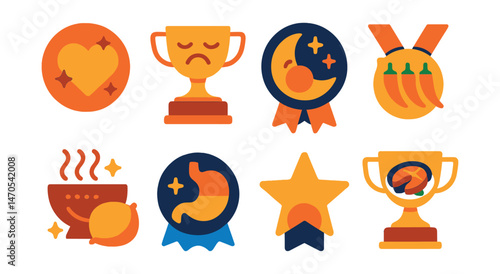 Flat vector icons of food horoscopes: sign’s favorite taste badge, emotional eating pattern trophy, moon in food mood medal, spice level of zodiac ribbon, comfort food tip icon, digestion sign