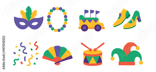 Flat vector icons of Carnival and Mardi Gras: feather mask, bead necklace, parade float, dancing shoes, confetti rain, festive fan, street drum, jester hat.