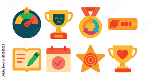 Flat vector icons of personal growth horoscopes: confidence meter badge, shadow work prompt trophy, inner growth cycle medal, Mars motivation bar ribbon, journal reflection icon, breakthrough date