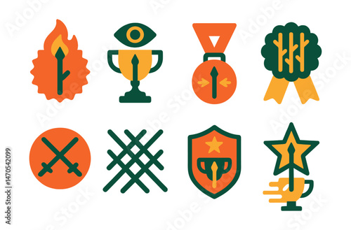 Flat vector icons of suit of Wands: Ace of Wands flame badge, Two of Wands vision trophy, Three of Wands journey medal, Four of Wands celebration ribbon, Five of Wands conflict icon, Six of Wands