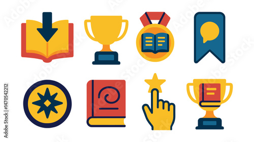 Flat vector icons of bibliomancy and chance: random book opening badge, word highlight line trophy, sacred text page medal, message bookmark ribbon, divine guidance icon, old tome badge, intuitive