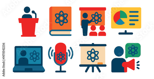 Flat vector icons of scientific communication: conference podium, science journal, public lecture, infographic chart, online class, science podcast, whiteboard, outreach icon.