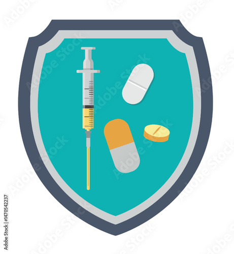 Medicine safety concept. Inside the security shield, colorful pills and intravenous or intramuscular drug syringe. Protection shield with medicine pills showing of medicine protection, safety vector.