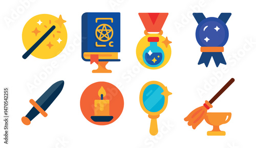 Flat vector icons of magical tools: wand with sparks badge, spellbook with symbols trophy, potion bottle with glow medal, crystal orb ribbon, athame dagger icon, ritual candle badge, magic mirror