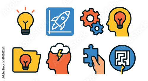 Flat vector icons of innovation and ideas: lightbulb, rocket sketch, gears turning, design thinking, invention prototype, idea folder, brainstorming, problem solving.