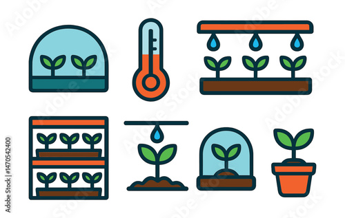 Flat vector icons of greenhouse gardening: poly tunnel, temperature gauge, mist system, seed tray, grow shelf, drip irrigation, humidity dome, indoor sprout.